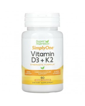 Super Nutrition, витамины D3 и К2, 60 растительных капсул Super Nutrition, витамины D3 и К2, 60 растительных капсул