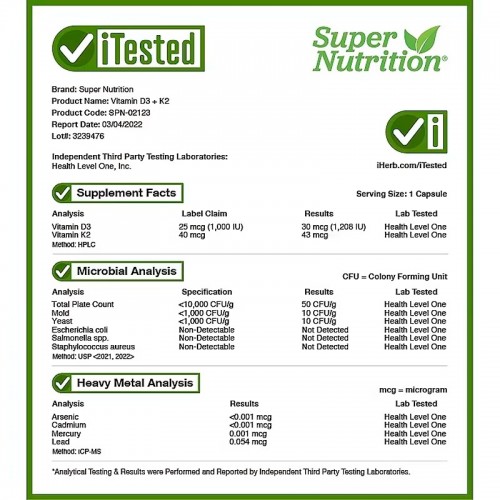 Super Nutrition, витамины D3 и К2, 60 растительных капсул Super Nutrition, витамины D3 и К2, 60 растительных капсул