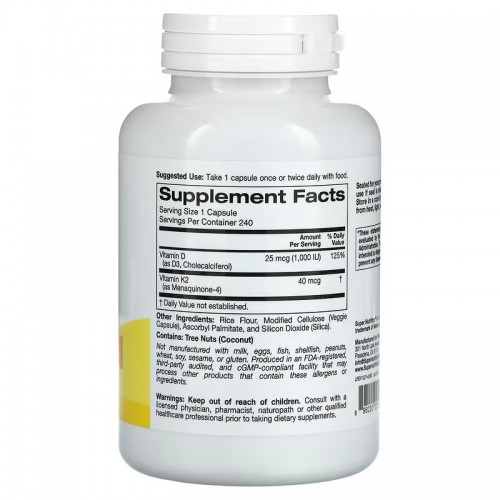 Super Nutrition, витамины D3 и К2, 240 растительных капсул Super Nutrition, витамины D3 и К2, 240 растительных капсул