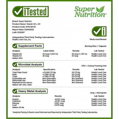 Super Nutrition, витамины D3 и К2, 240 растительных капсул Super Nutrition, витамины D3 и К2, 240 растительных капсул