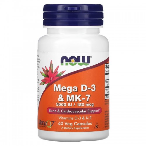 NOW Foods, мега D3 и MK-7, 180 мкг (5000 МЕ), 60 растительных капсул NOW Foods, мега D3 и MK-7, 180 мкг (5000 МЕ), 60 растительных капсул