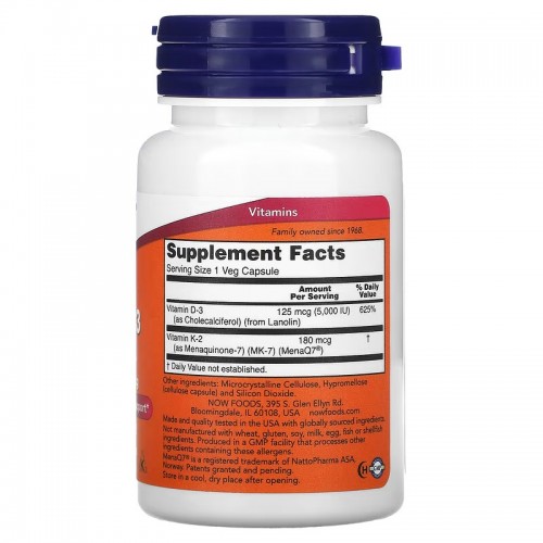 NOW Foods, мега D3 и MK-7, 180 мкг (5000 МЕ), 60 растительных капсул NOW Foods, мега D3 и MK-7, 180 мкг (5000 МЕ), 60 растительных капсул