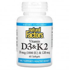 Natural Factors, витамины D3 и К2, 60 капсул Natural Factors, витамины D3 и К2, 60 капсул