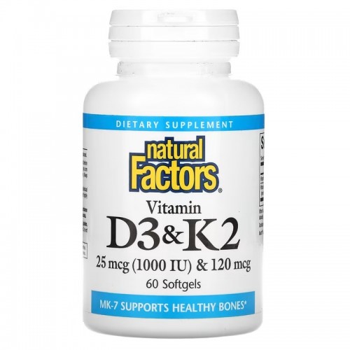 Natural Factors, витамины D3 и К2, 60 капсул Natural Factors, витамины D3 и К2, 60 капсул