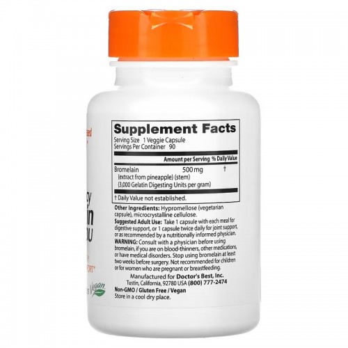Doctor's Best, высокоэффективный бромелаин, 3000 GDU, 500 мг, 90 растительных капсул Doctor's Best, высокоэффективный бромелаин, 3000 GDU, 500 мг, 90 растительных капсул