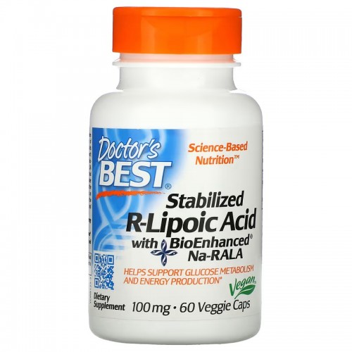 Doctor's Best, стабилизированная R-липоевая кислота с BioEnhanced Na-RALA, 100 мг, 60 растительных капсул Doctor's Best, стабилизированная R-липоевая кислота с BioEnhanced Na-RALA, 100 мг, 60 растительных капсул