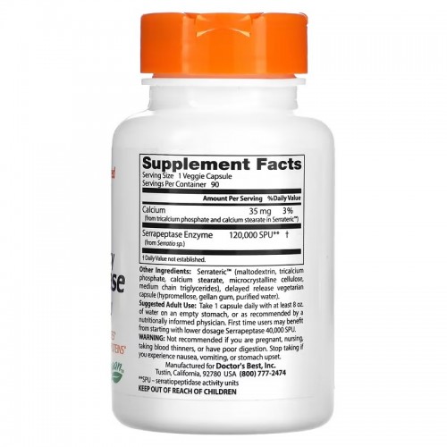 Doctor's Best, серрапептаза высокой эффективности, 120 000 SPU, 90 вегетарианских капсул Doctor's Best, серрапептаза высокой эффективности, 120 000 SPU, 90 вегетарианских капсул