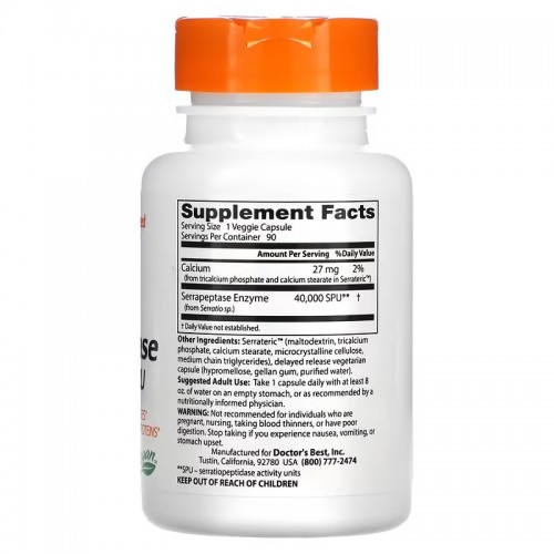 Doctor's Best, серрапептаза Best, 40 000 SPU, 90 вегетарианских капсул Doctor's Best, серрапептаза Best, 40 000 SPU, 90 вегетарианских капсул
