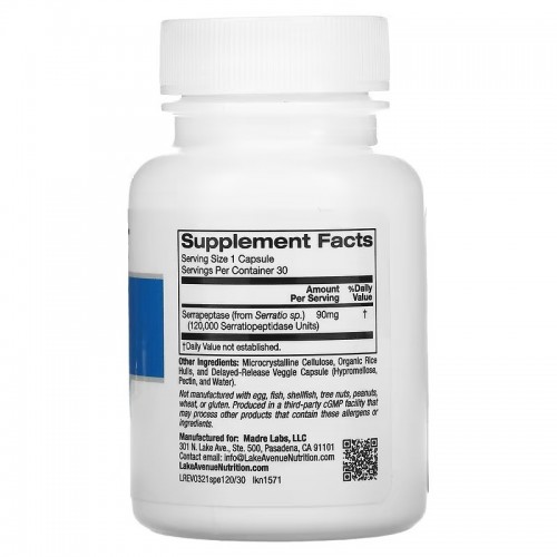 Lake Avenue Nutrition, Серрапептаза, протеолитический фермент, 120 000 SPU, 30 растительных капсул Lake Avenue Nutrition, Серрапептаза, протеолитический фермент, 120 000 SPU, 30 растительных капсул