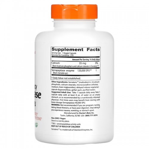 Doctor's Best, высокоэффективная серрапептаза, 120 000 SPU, 270 вегетарианских капсул Doctor's Best, высокоэффективная серрапептаза, 120 000 SPU, 270 вегетарианских капсул