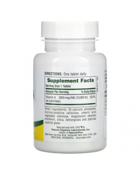 NaturesPlus, водно-диспергируемый витамин А, 10 000 МЕ (3 000 мкг), 90 таблеток