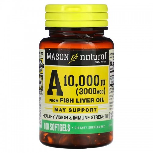 Mason Natural, витамин A из жира печени рыбы, 3000 мкг (10 000 МЕ), 100 капсул Mason Natural, витамин A из жира печени рыбы, 3000 мкг (10 000 МЕ), 100 капсул