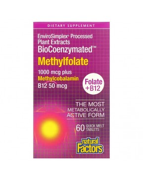 Natural Factors, BioCoenzymated, метилфолат, 1000 мкг, 60 быстрорастворимых таблеток Natural Factors, BioCoenzymated, метилфолат, 1000 мкг, 60 быстрорастворимых таблеток