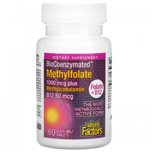 Natural Factors, BioCoenzymated, метилфолат, 1000 мкг, 60 быстрорастворимых таблеток Natural Factors, BioCoenzymated, метилфолат, 1000 мкг, 60 быстрорастворимых таблеток