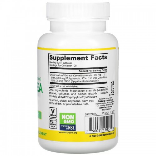 Jarrow Formulas, зеленый чай, 500 мг, 100 вегетарианских капсул Jarrow Formulas, зеленый чай, 500 мг, 100 вегетарианских капсул