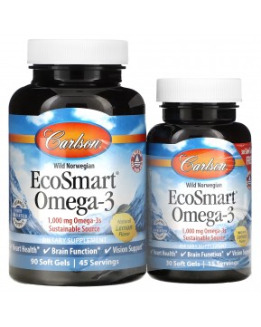 Carlson, EcoSmart Omega-3, натуральный ароматизатор «Лимон», 1000 мг, 90 + 30 желатиновых капсул