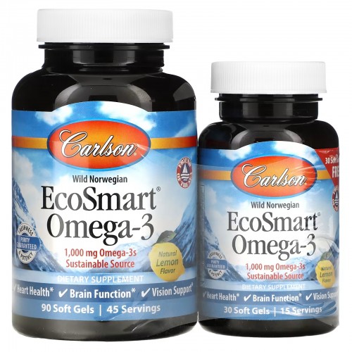 Carlson, EcoSmart Omega-3, натуральный ароматизатор «Лимон», 1000 мг, 90 + 30 желатиновых капсул Carlson, EcoSmart Omega-3, натуральный ароматизатор «Лимон», 1000 мг, 90 + 30 желатиновых капсул