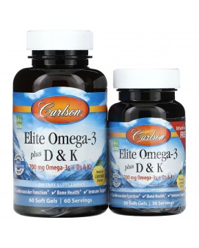 Carlson, Elite Omega-3 с витаминами D и K, натуральный лимонный вкус, 60 (+ 30 бонусных) мягких капсул Carlson, Elite Omega-3 с витаминами D и K, натуральный лимонный вкус, 60 (+ 30 бонусных) мягких капсул