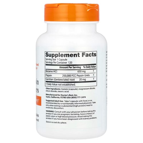 Doctor's Best, горькая настойка из бетаин гидрохлорида, пепсина и горечавки, 120 капсул