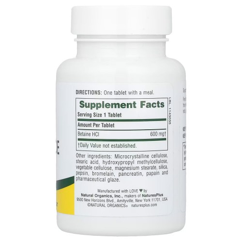 NaturesPlus, Бетаин гидрохлорид (Betaine Hydrochloride), 600 мг, 90 таблеток