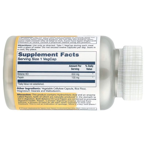 Solaray, высокоэффективный бетаин гидрохлорид с пепсином, 100 капсул VegCap
