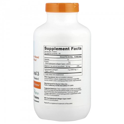 Doctor's Best, коллаген типа 1 и 3 с Peptan и витамином C, 1000 мг, 540 таблеток