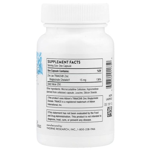 Thorne, бисглицинат цинка, 15 мг, 60 капсул Thorne, бисглицинат цинка, 15 мг, 60 капсул