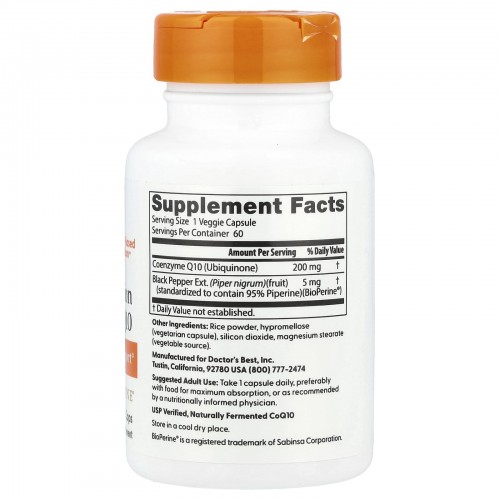 Doctor's Best, высокоусвояемый коэнзим Q10 с биоперином, 200 мг, 60 растительных капсул Doctor's Best, высокоусвояемый коэнзим Q10 с биоперином, 200 мг, 60 растительных капсул