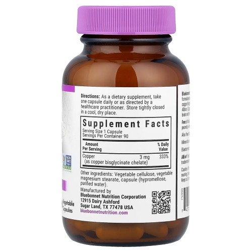 Bluebonnet Nutrition, Медь в хелатной форме, 90 растительных капсул