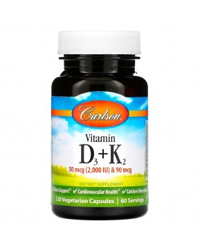 Carlson, Витамин D3 и K2, 50 мкг (2000 МЕ) и 90 мкг, 120 вегетарианских капсул Carlson, Витамин D3 и K2, 50 мкг (2000 МЕ) и 90 мкг, 120 вегетарианских капсул