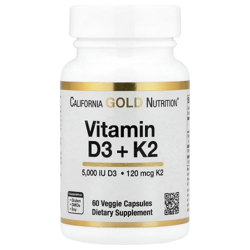 California Gold Nutrition, витамины D3 и K2 в форме MK-7, 60 растительных капсул