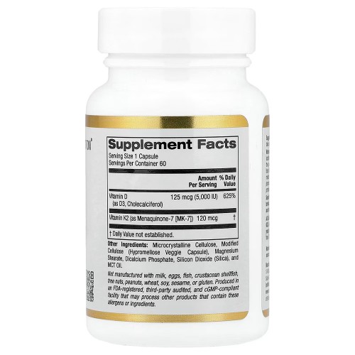 California Gold Nutrition, витамины D3 и K2 в форме MK-7, 60 растительных капсул