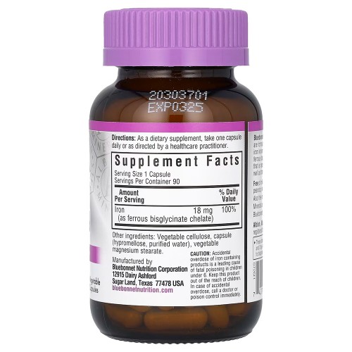 Bluebonnet Nutrition, железо в хелатной форме, 18 мг, 90 растительных капсул