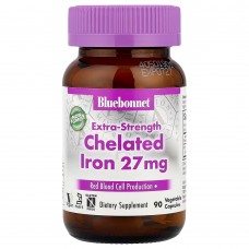 Bluebonnet Nutrition, хелатное железо, повышенная сила действия, 27 мг, 90 растительных капсул