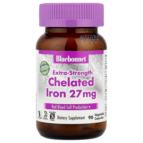 Bluebonnet Nutrition, хелатное железо, повышенная сила действия, 27 мг, 90 растительных капсул
