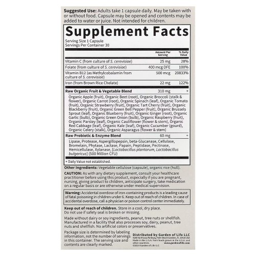 Garden of Life, Vitamin Code, необработанное железо, 30 веганских капсул