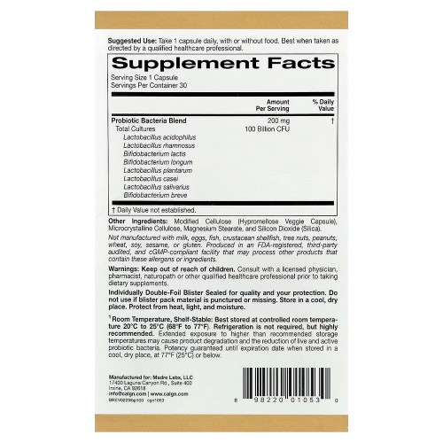 California Gold Nutrition, LactoBif® 100, пробиотики, 100 млрд КОЕ, 30 растительных капсул