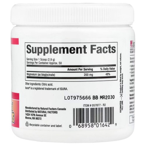 Natural Factors, Бисглицинат магния, чистый, 200 мг, 120 г (4,2 унции)