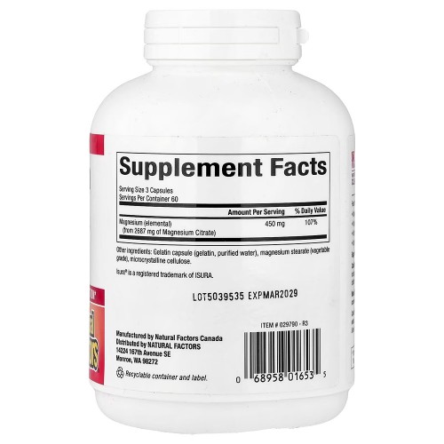 Natural Factors, цитрат магния, 180 капсул (150 мг в 1 капсуле)