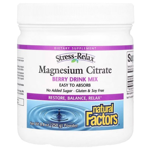 Natural Factors, Stress-Relax®, порошок цитрата магния, смесь для приготовления напитка, со вкусом ягод, 250 г (8,8 унции)