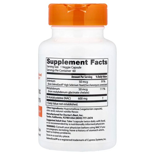 Doctor's Best, N-ацетилцистеин (NAC) для регуляции процесса детоксикации, 60 вегетарианских капсул