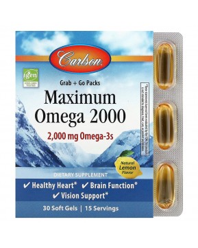 Carlson, Maximum Omega 2000, омега с натуральным лимонным вкусом, 30 капсул (1000 мг в 1 капсуле)
