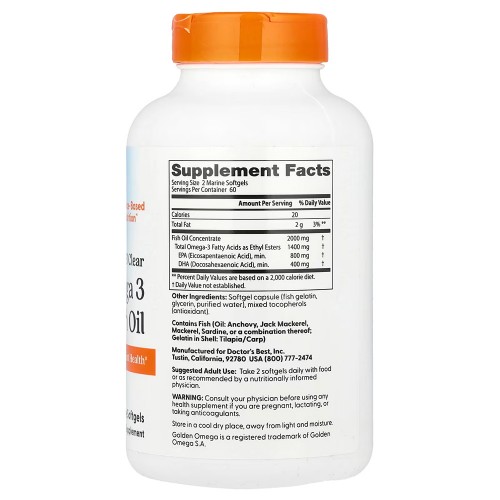 Doctor's Best, очищенный и прозрачный рыбий жир с омега-3, 120 капсул из рыбьего желатина (1000 мг в 1 капсуле)
