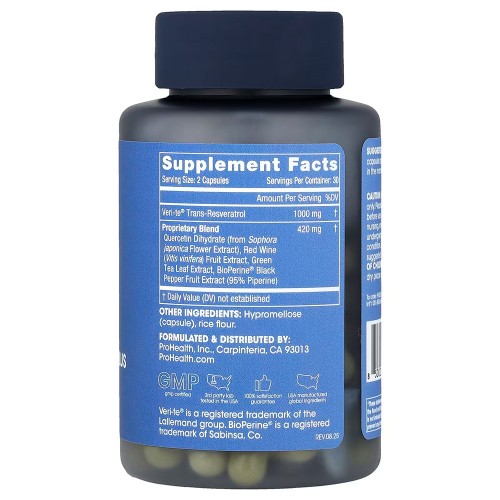 ProHealth Longevity, транс-ресвератрол плюс, 60 капсул