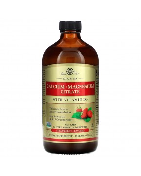 Solgar, цитрат кальция и магния, с витамином D3, в жидкой форме, вкус натуральной клубники, 473 мл